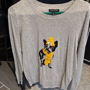 Banana Republic Light Gray Sweater with Yellow-Accented French Bulldog